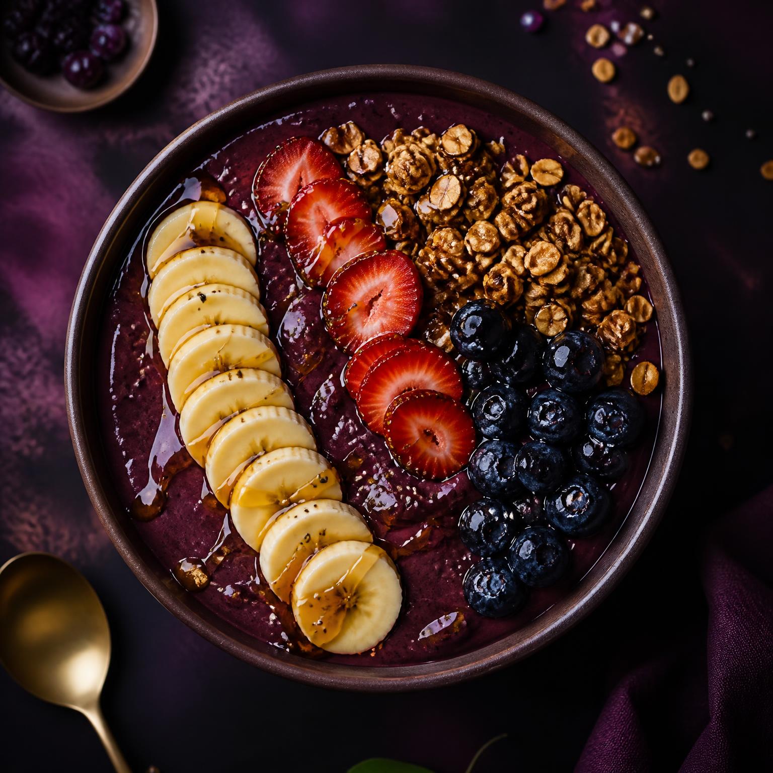 Bowl de açaí premium com banana, morango, mirtilo e granola